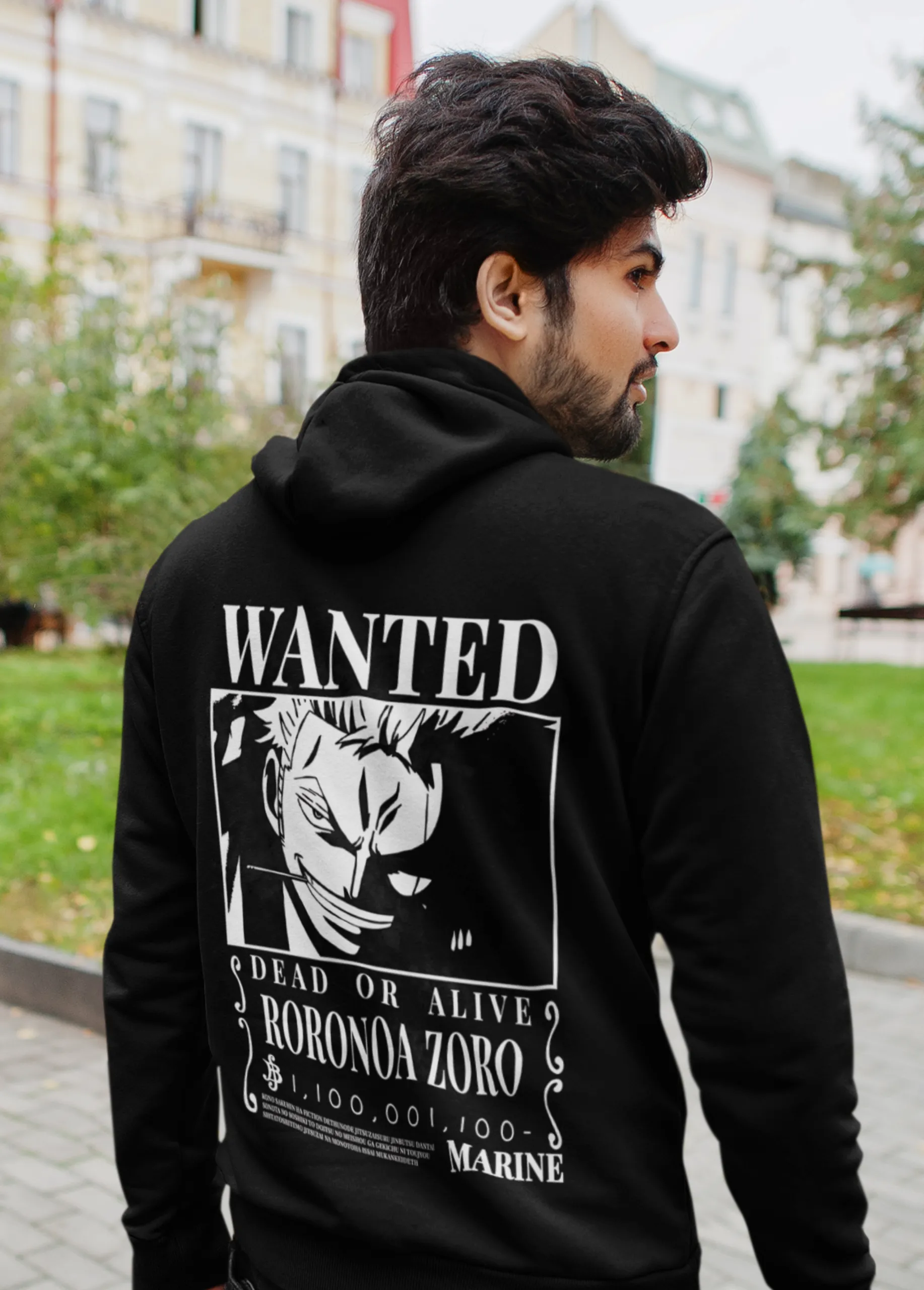 Roronoa Zoro Wanted Poster | Premium Back Print Anime Hoodie - Image 3